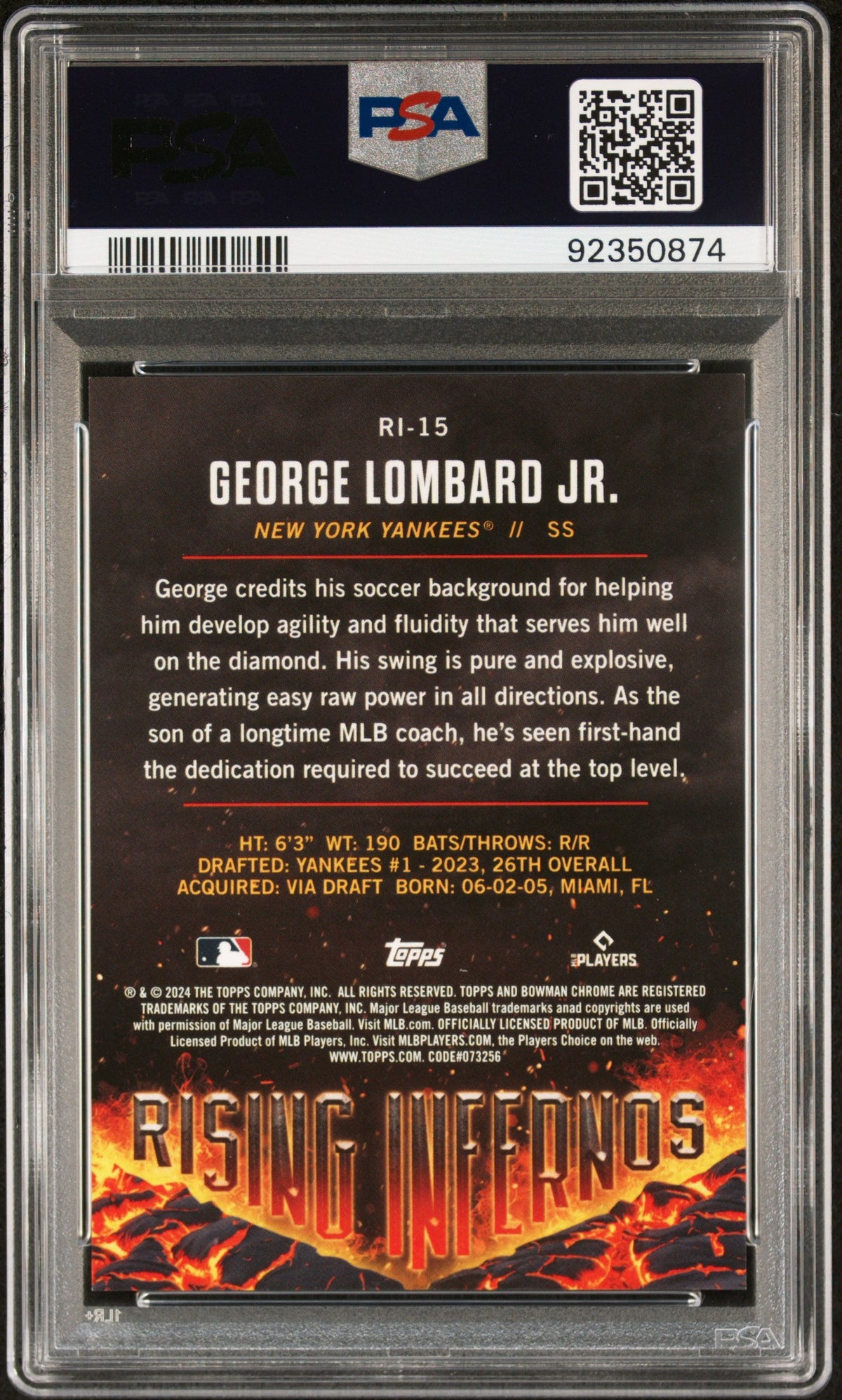 Graded 2024 Topps Bowman George Lombard Jr #RI15 Rising Infernos Green /99 Rookie RC Baseball Card PSA 10 Gem Mint