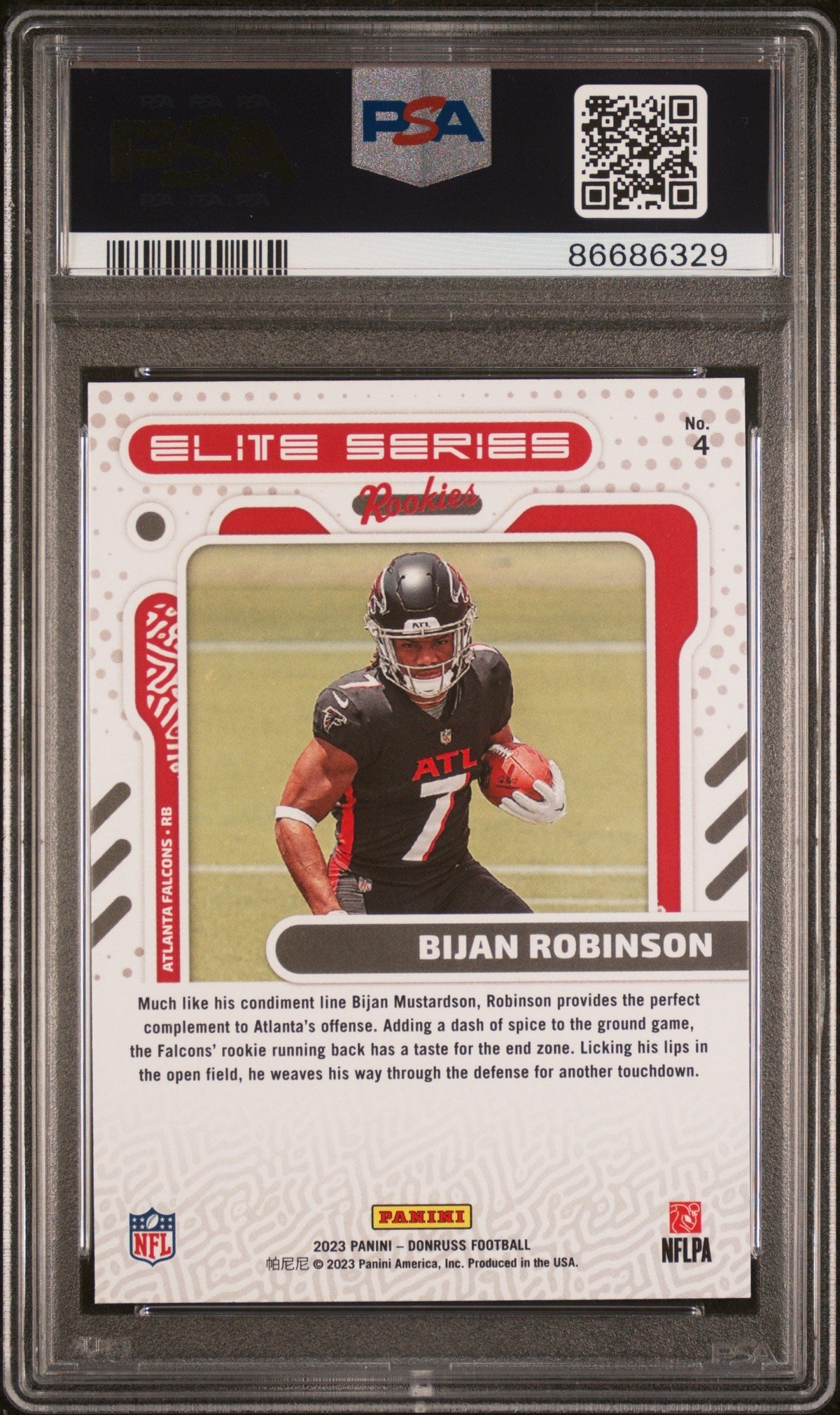Graded 2023 Panini Donruss Bijan Robinson #4 Elite Series Rookies Rookie RC Football Card PSA 10 Gem Mint