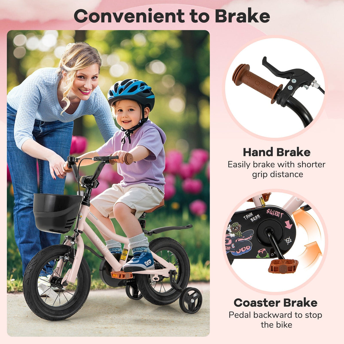 12 Inch Kids Bike with Helmet Protective Set Black & Pink