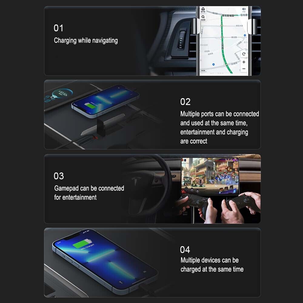 Center Console USB Hub for Model 3/Y | Retractable Cable | LED Light | 3 Configs
