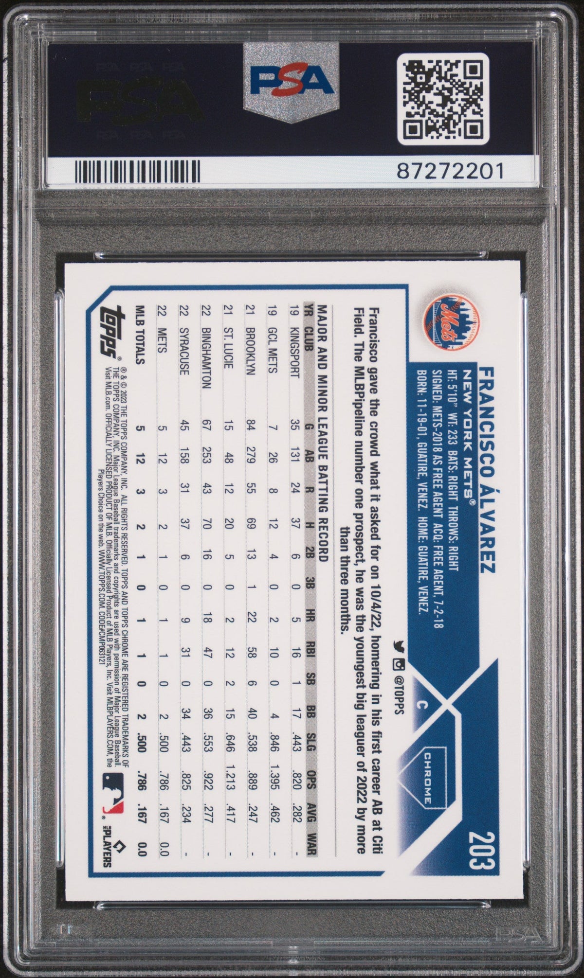 Graded 2023 Topps Chrome Francisco Alvarez #203 Rookie RC Baseball Card PSA 10 Gem Mint