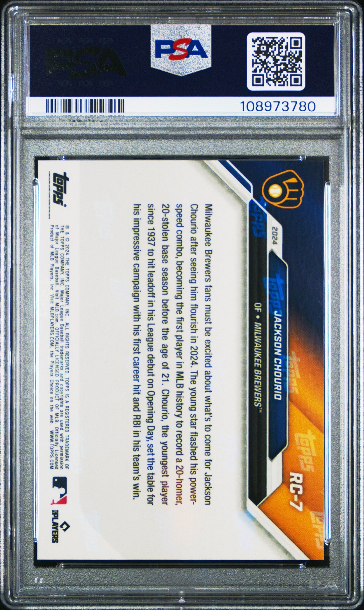 Graded 2024 Topps Now Jackson Chourio #RC7 Rookie Cup Team Set Pearl Rookie RC Baseball Card PSA 10 Gem Mint