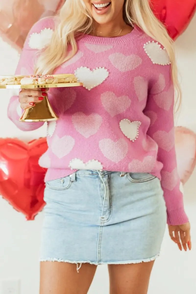 Sweaters Love Salve Pearled Heart Sweater Valentine's Day Women's Crew Neck Pullover - Soft & Cute