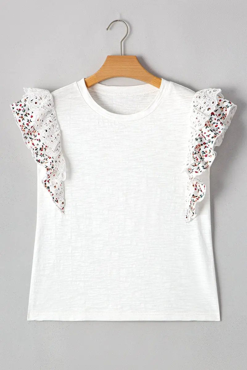 Accessories Love Salve White Floral Lace Blouse Women's Summer Elegant Ruffle Sleeve Top