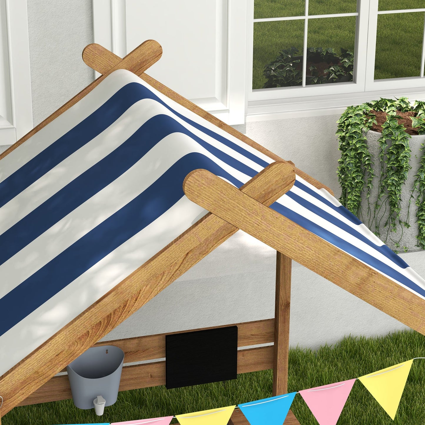 Wooden Sandbox with Canopy and Playhouse Design for Ages 3-7, Brown