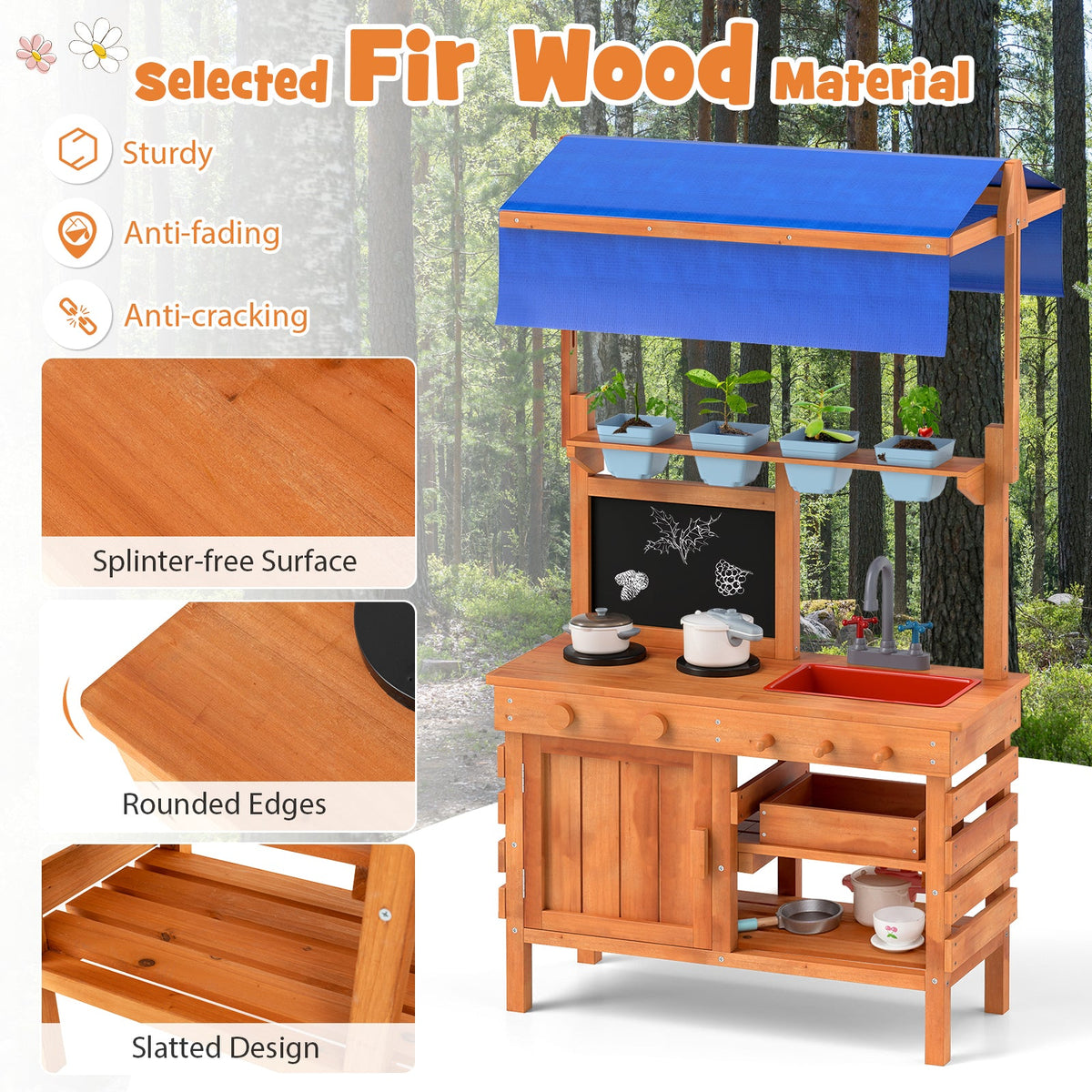 Wooden Pretend Play Kitchen with Height Adjustable Canopy for Kids-Natural