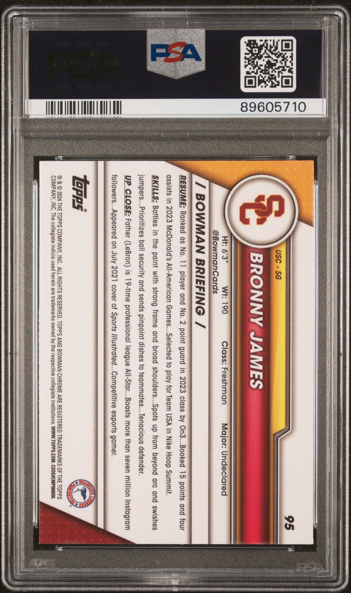 Graded 2023 Topps Bowman U Sapphire Bronny James #95 Rookie RC Basketball Card PSA 10 Gem Mint