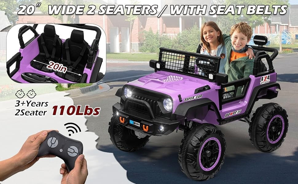 24V Kids Electric Ride-On Truck Purple 2-Seater Switchable 4WD/2WD