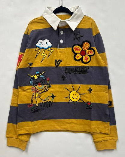 BISCOTTI Kid's Long Sleeve Polo Shirt With Heavy Print Effects & Patch Works
