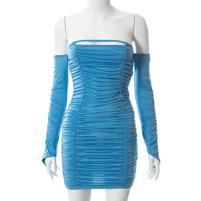 Pure Color Hollow Shoulder  Back Pleated Short Dress