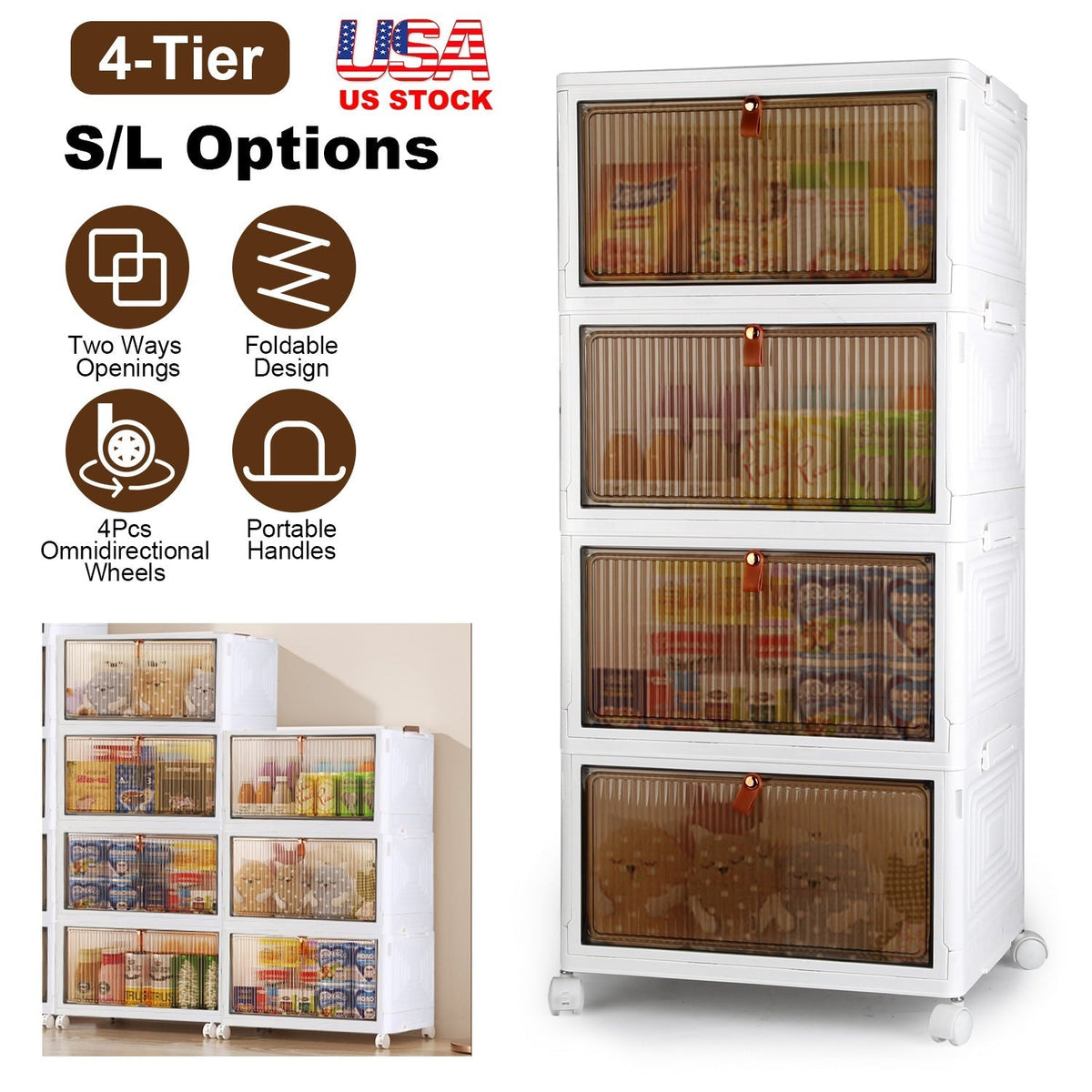 4-Tier Foldable Storage Bins with Lid Front Magnetic Door Collapsible Stackable Closet Organizer Containers with 4Pcs 360¡ Rotatable Wheels