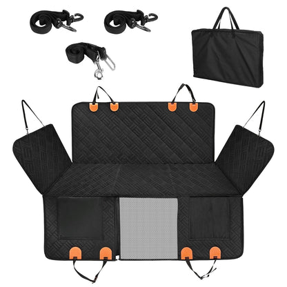 Dog Car Seat Cover For Back Seat Waterproof Oxford Cloth Seat Cover Hammock Non-Slip Scratchproof Back Seat Extender with Side Flap Mesh Window Storag