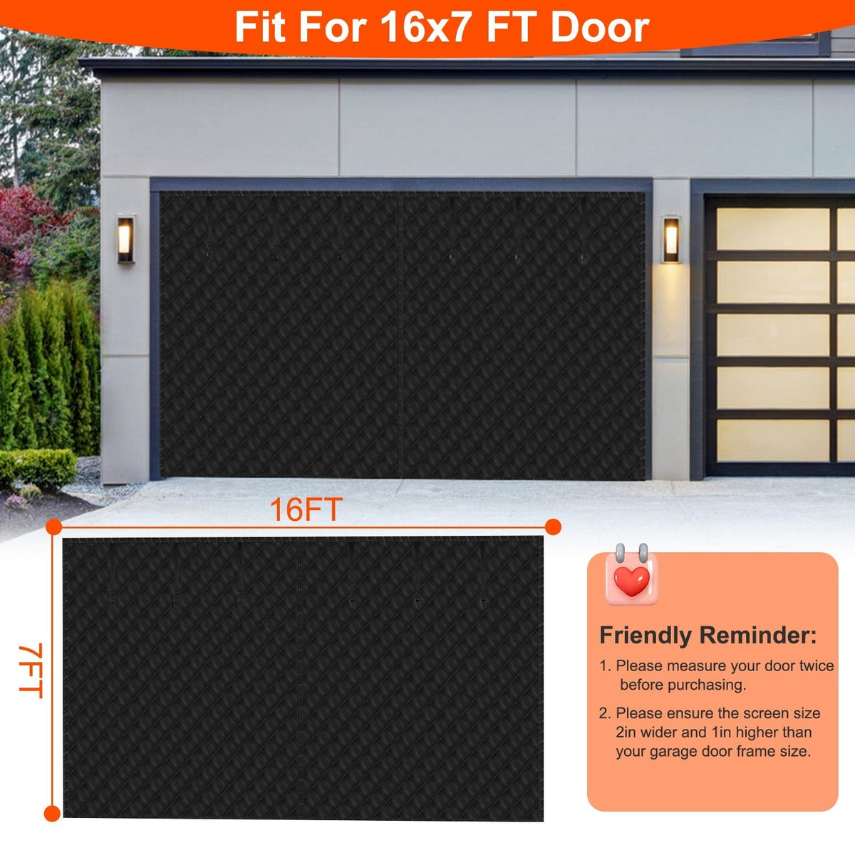 16*7FT Magnetic Thermal Insulated Garage Door Curtain for Winter Two-Car Garage Screen with Magnetic Closure 8 Roll Up Buckle Straps for Two Cars Weat