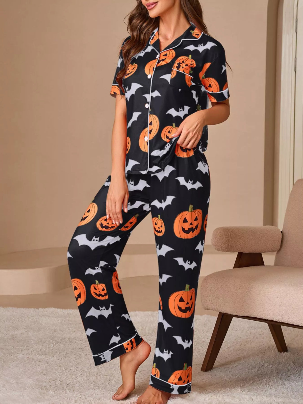 Halloween Pumpkin and Bat Print Button-Down Top and Pants Lounge Set