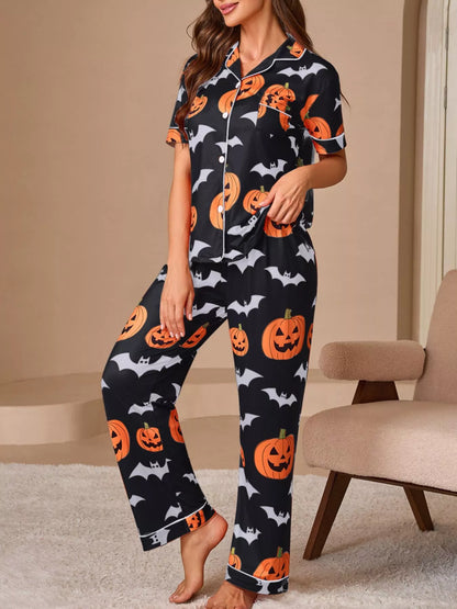 Halloween Pumpkin and Bat Print Button-Down Top and Pants Lounge Set