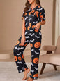 Halloween Pumpkin and Bat Print Button-Down Top and Pants Lounge Set
