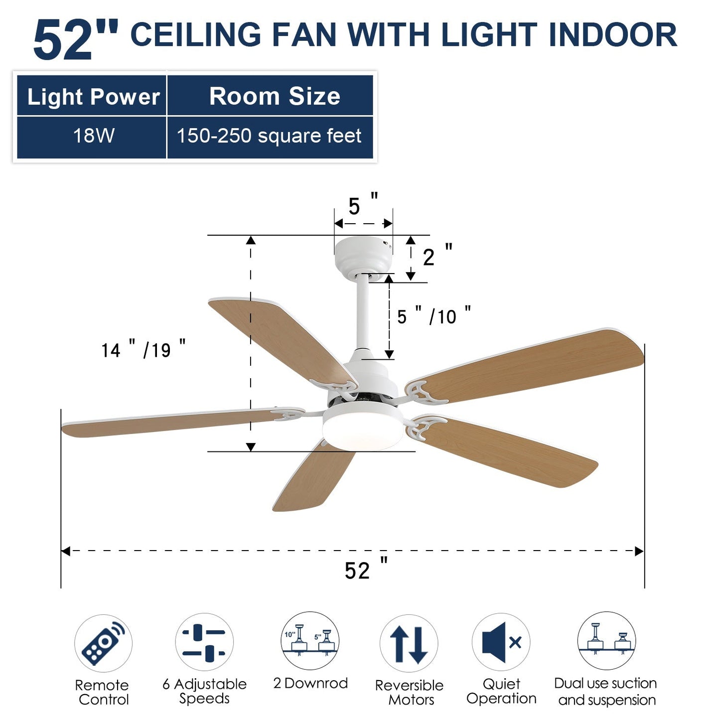 Indoor Modern 52 Inch Ceiling Fan with 6-Speed Remote and LED Light