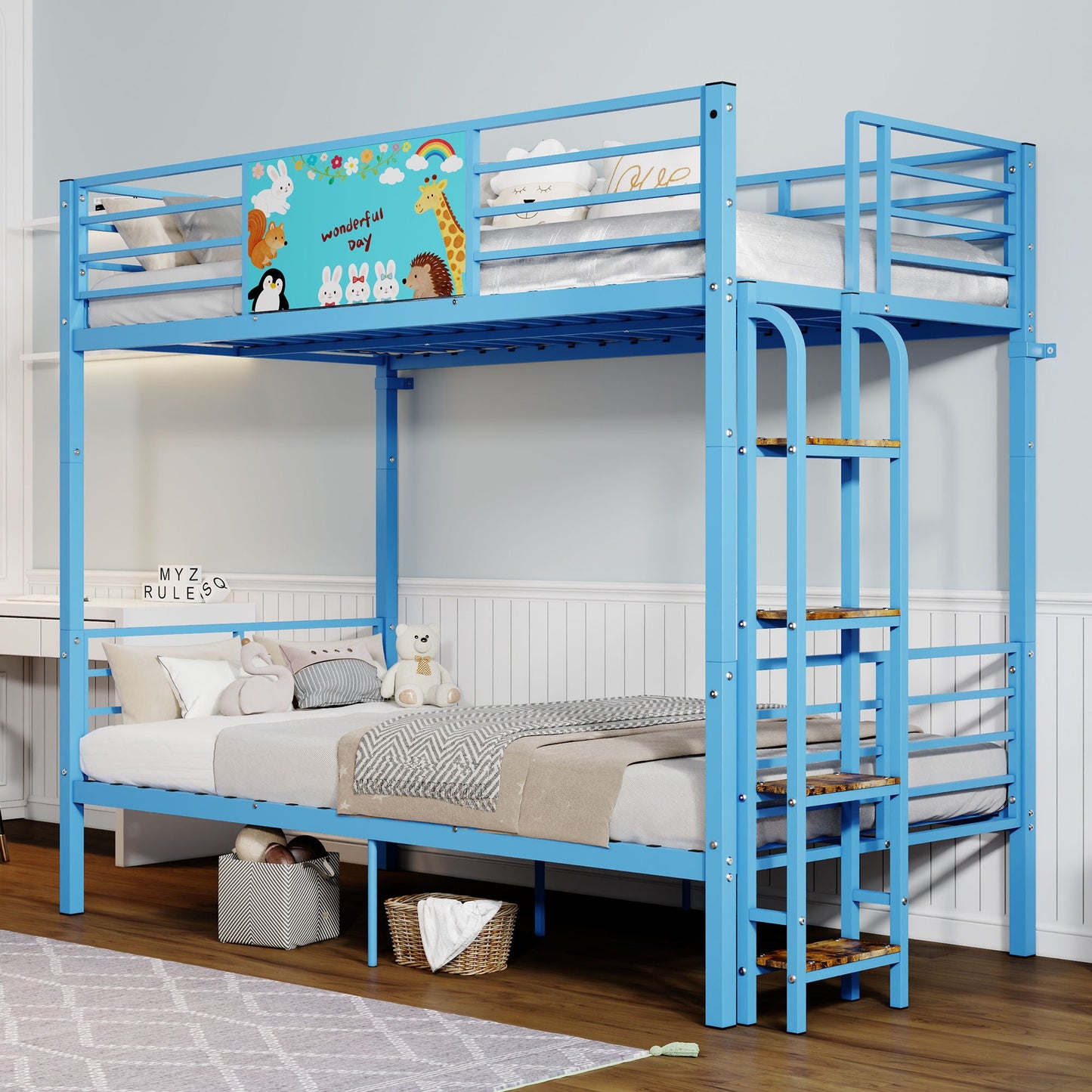 Bunk Bed, Convertible To 2 Separate Twin Size Beds With Full Length Guardrail & Ladder, No Box Spring Needed - Blue