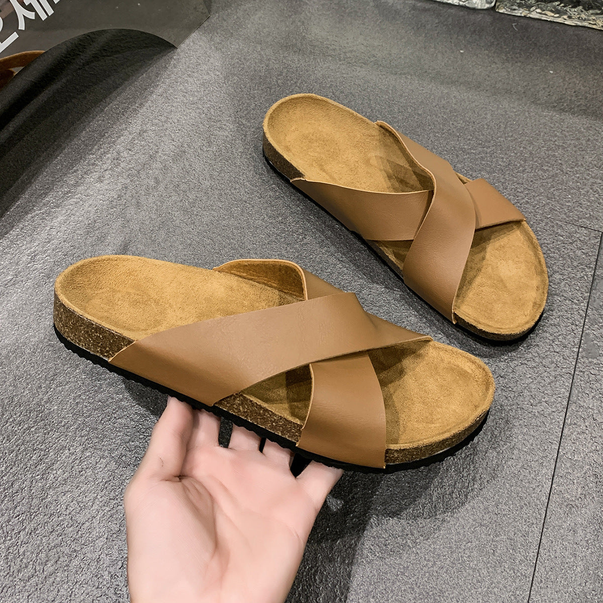 Mens Cork Slippers Cross-strap Sandals Fashionable