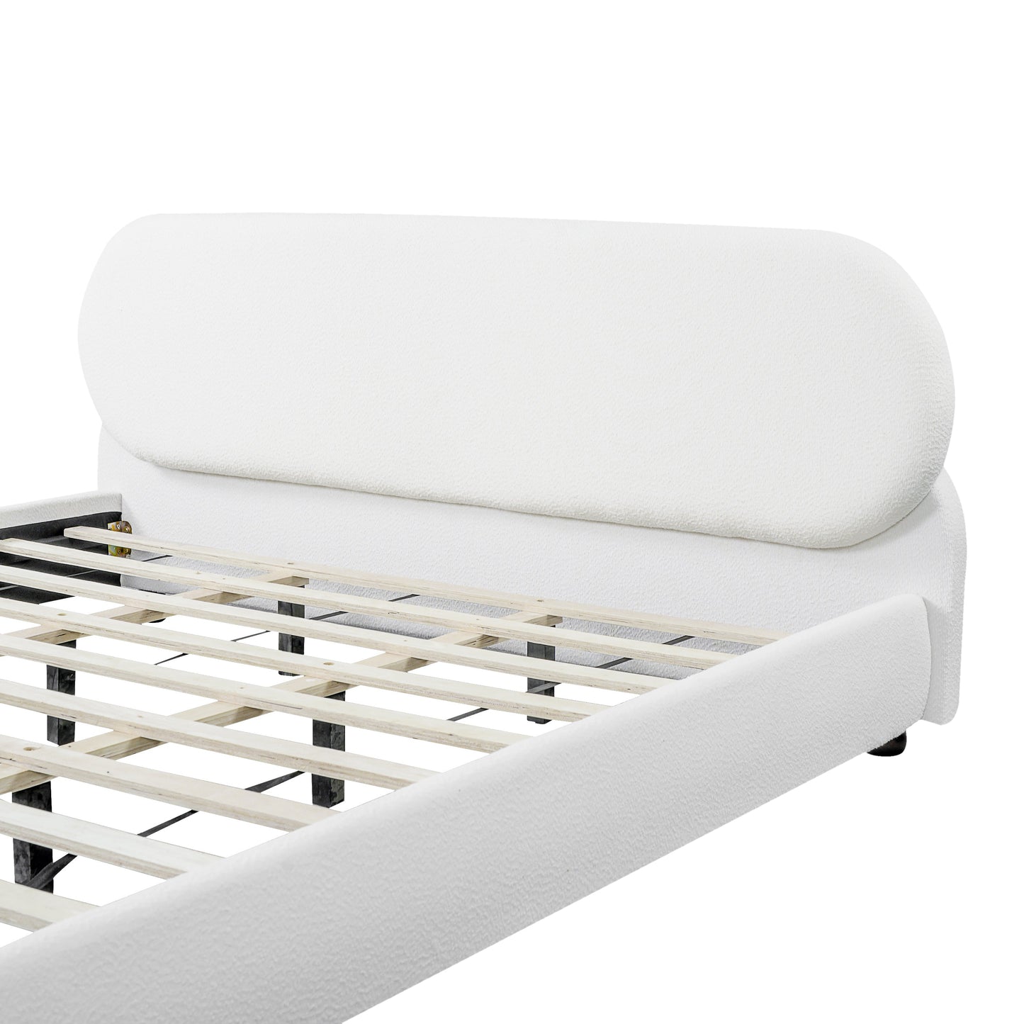 Cream-Colored Boucle Upholstered Bed with Rubber Wood Foot, King