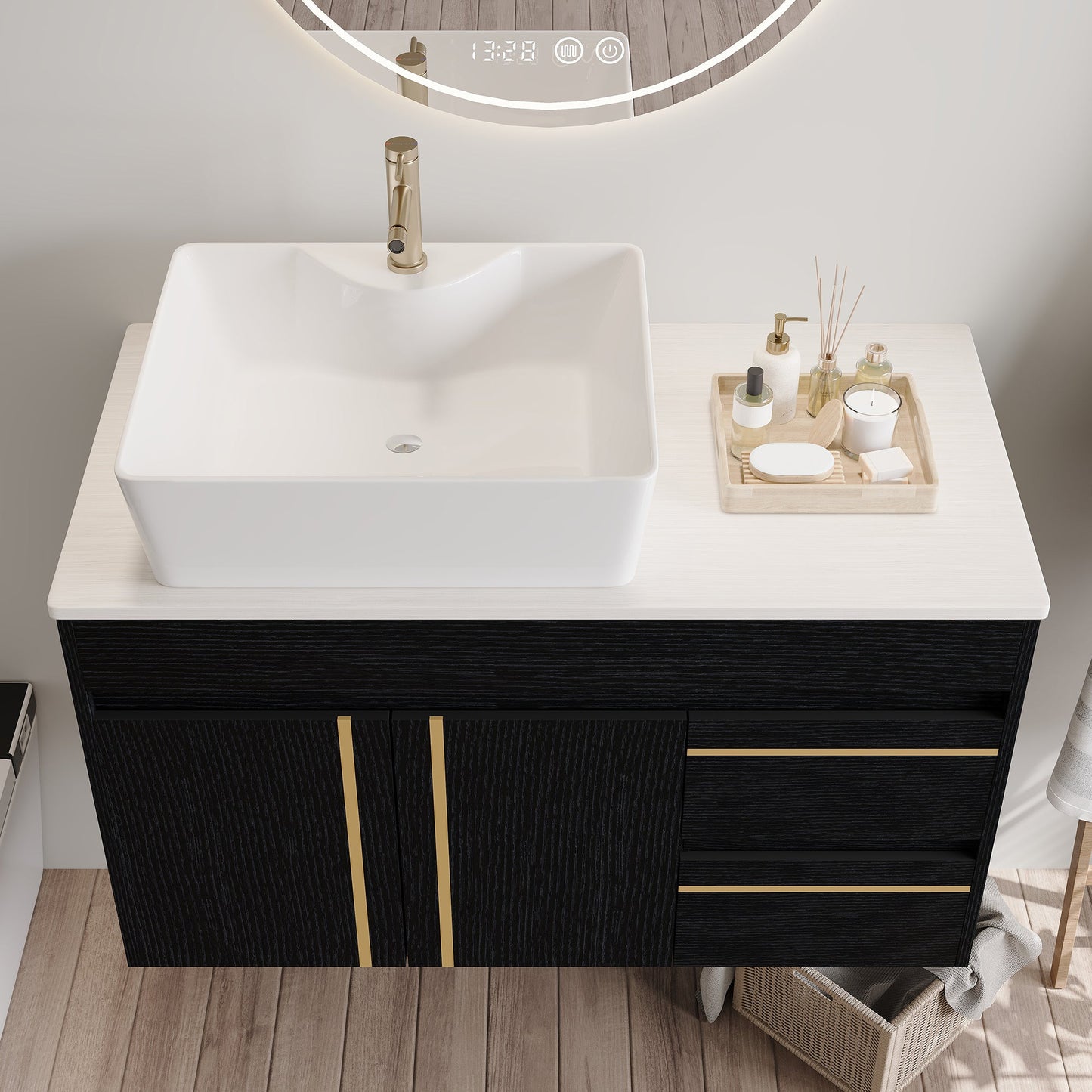 36" Wall-Mounted Bathroom Vanity with Vessel Ceramic Sink & Plywood Countertop