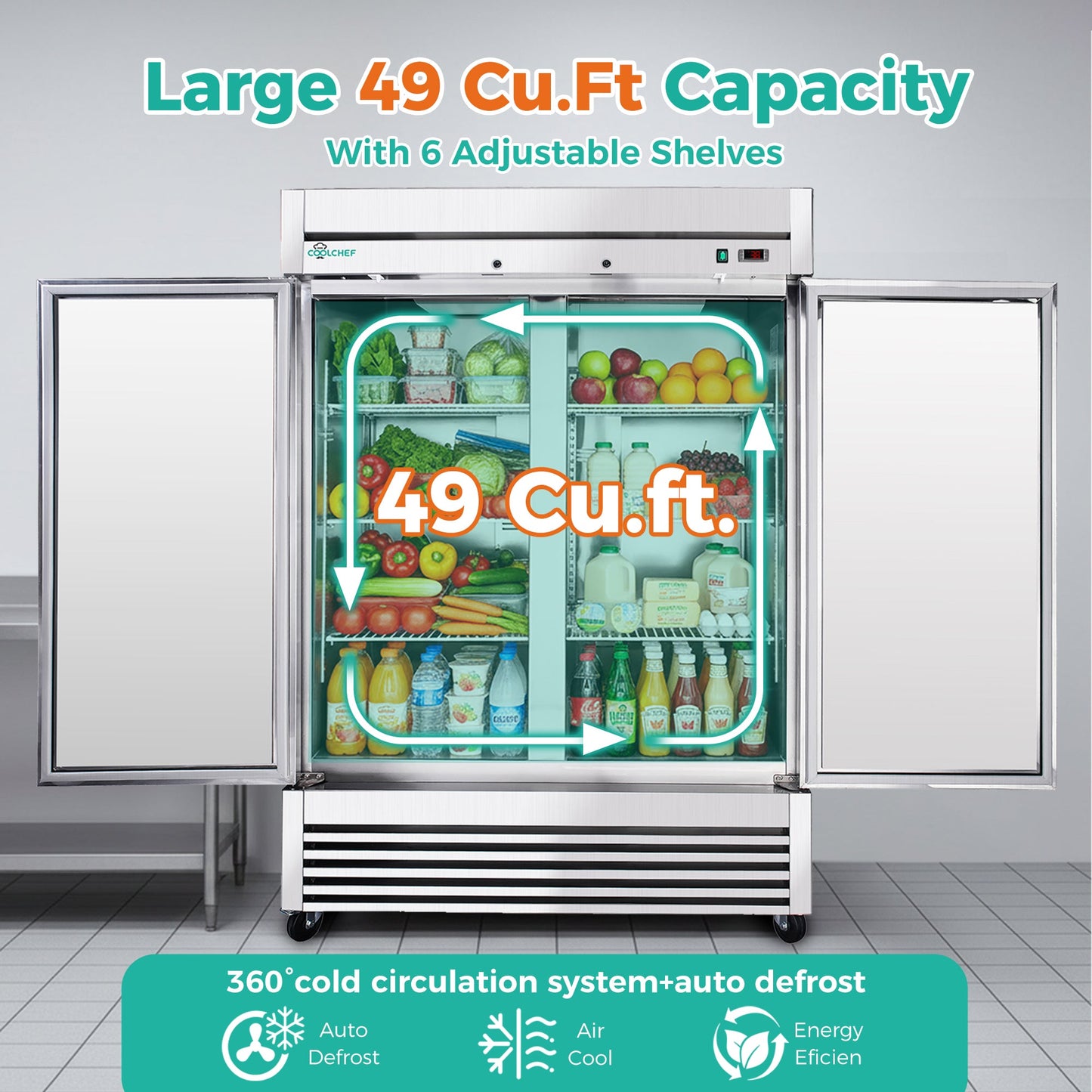 54" Commercial Refrigerator 49 Cu.Ft Stainless Steel 2 Door Reach-In Fridge