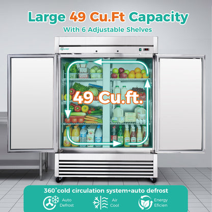 54" Commercial Refrigerator 49 Cu.Ft Stainless Steel 2 Door Reach-In Fridge