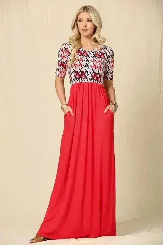 Houndstooth Maxi Dress | Short Sleeve Pocketed Style | Femstylo