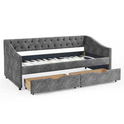 Upholstered Tufted Daybed With 2 Drawers, Waved Arms