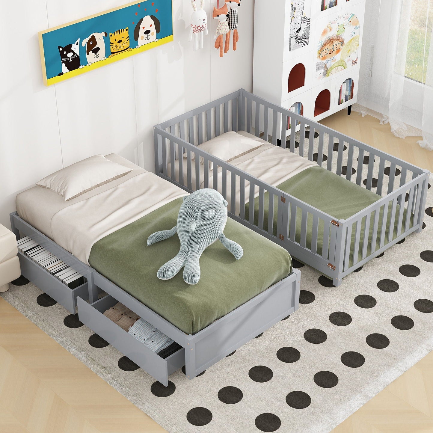Daybed With Fence Guardrails And 2 Drawers, Split Into Independent Floor Bed & Daybed