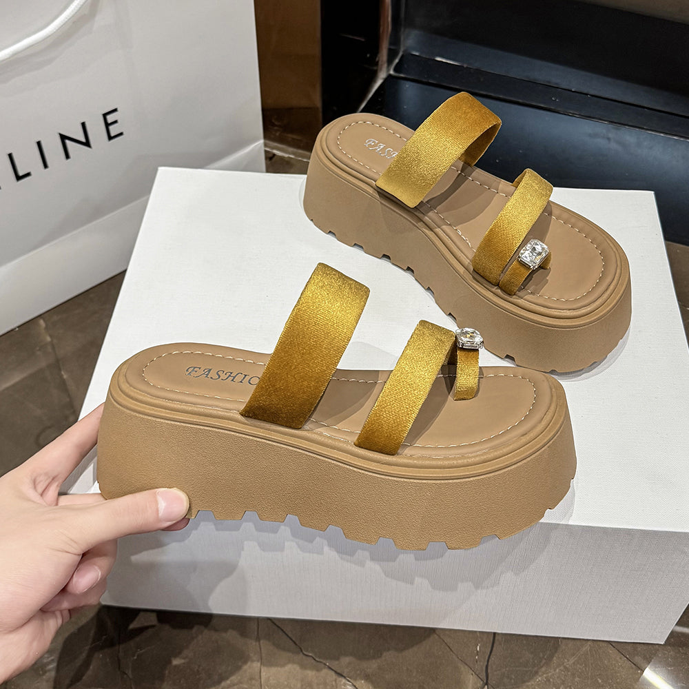 2026 Summer French Rhinestone Platform Slide Sandals, Toe Post Chunky Sole Fairy Style Casual Versatile Beach Slippers