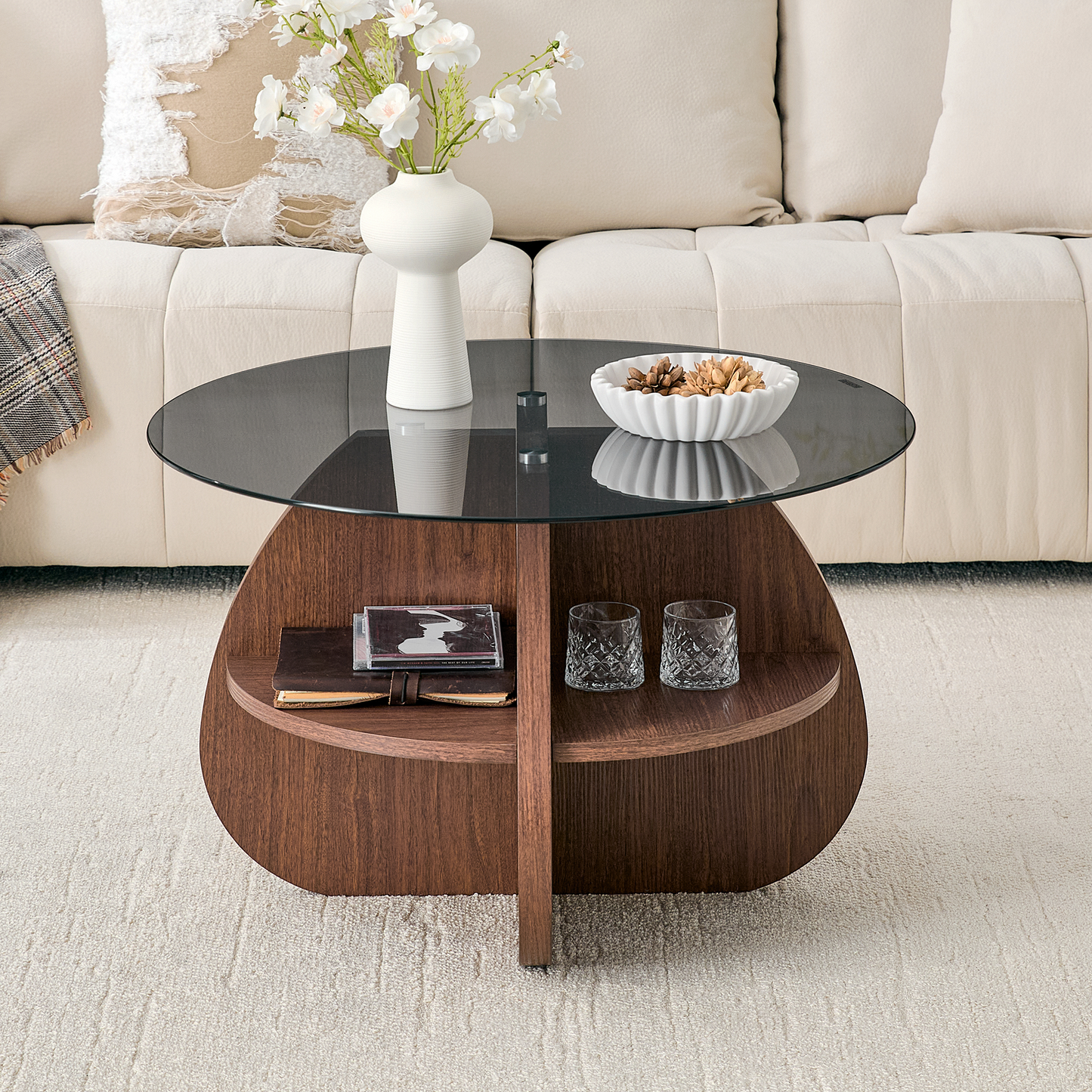 Creative Cross-Structure Round Coffee Table with Glass Top