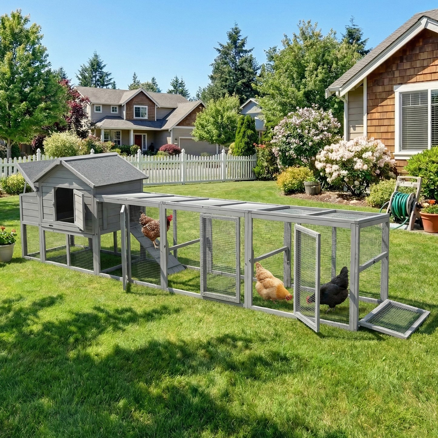 141" Gray Large Wooden Chicken Coop with Nesting Box