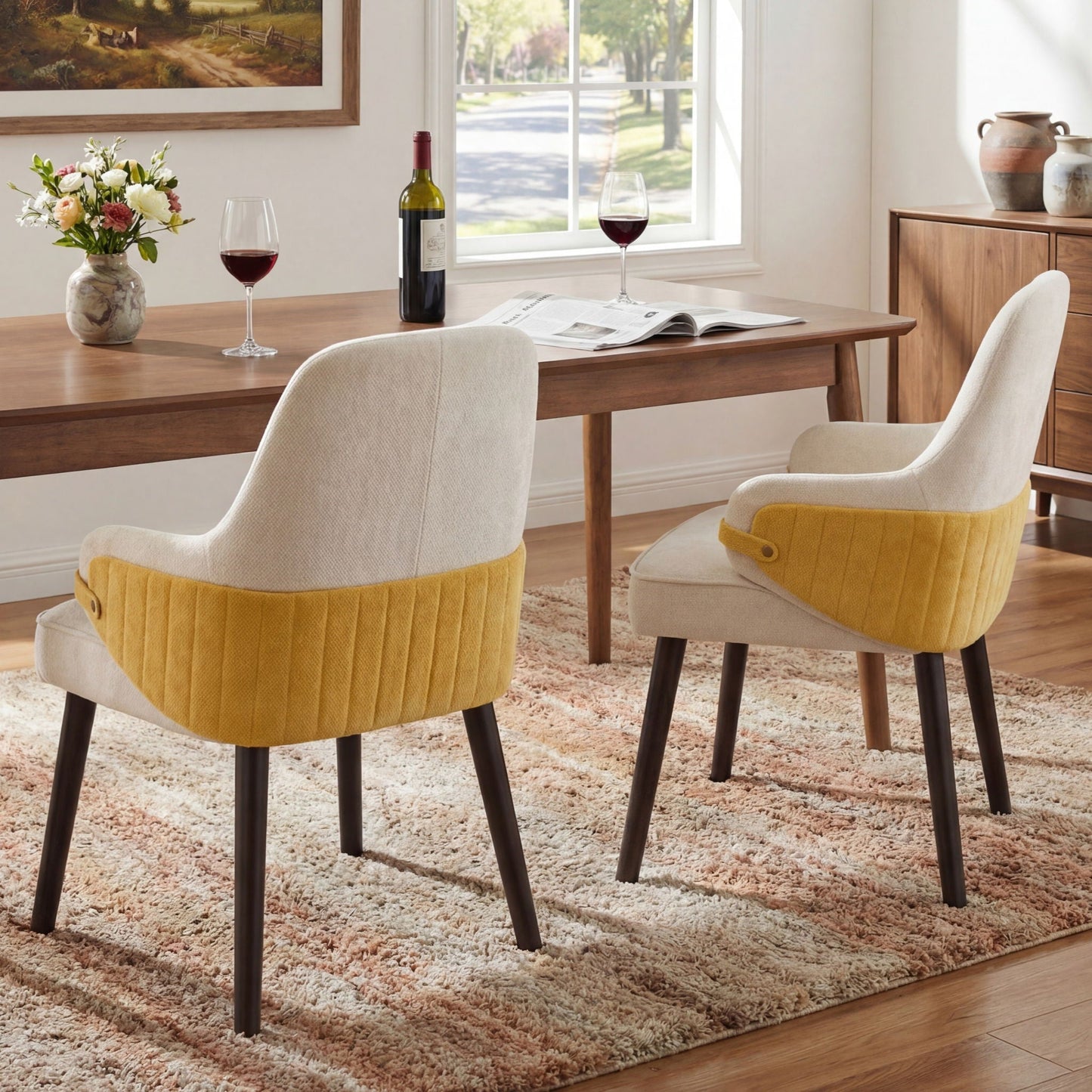 Indoor Dining Chair Set of 2 with Sturdy Frame - Beige / Yellow