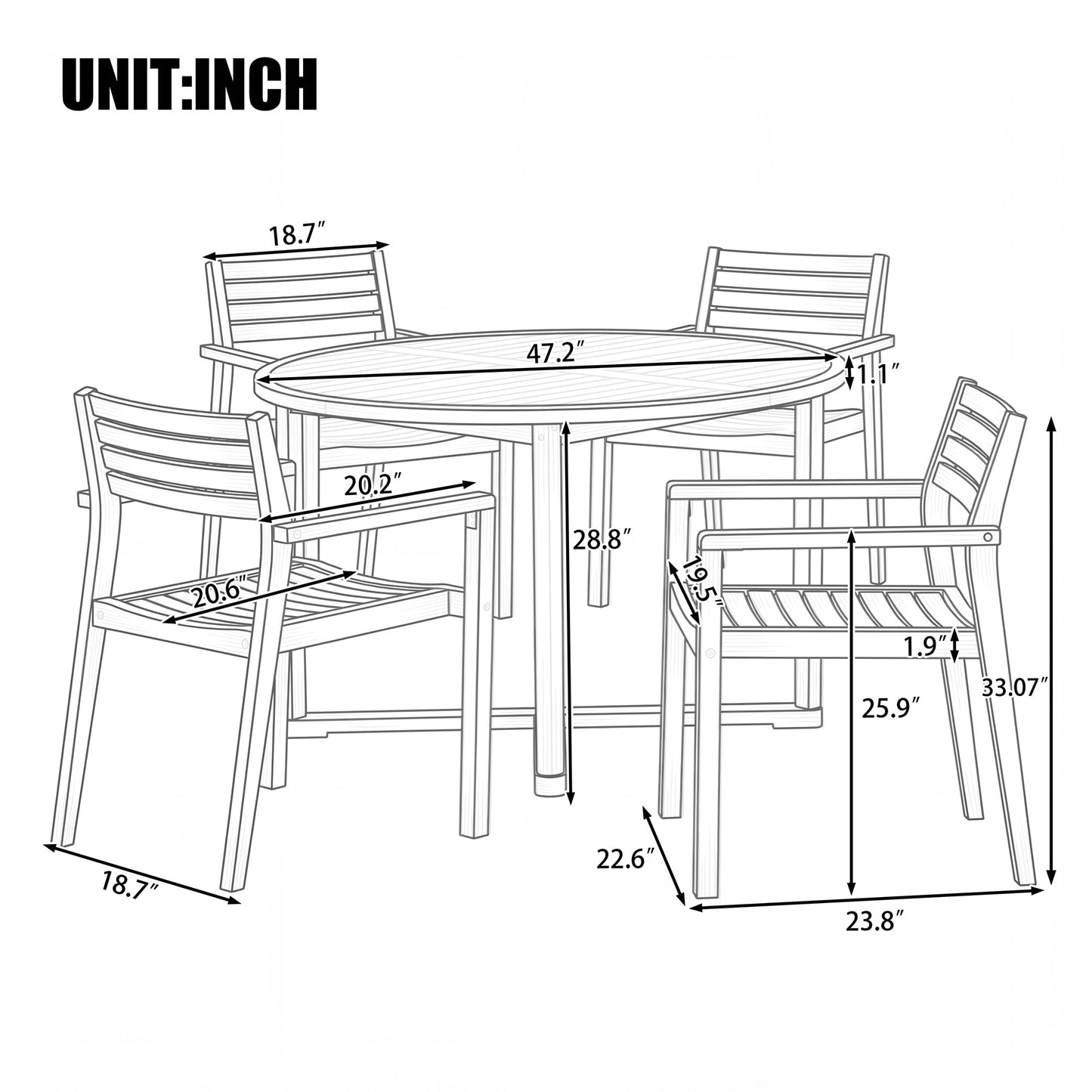U_STYLE 5-Piece Outdoor Dining Set with Acacia Wood Chairs
