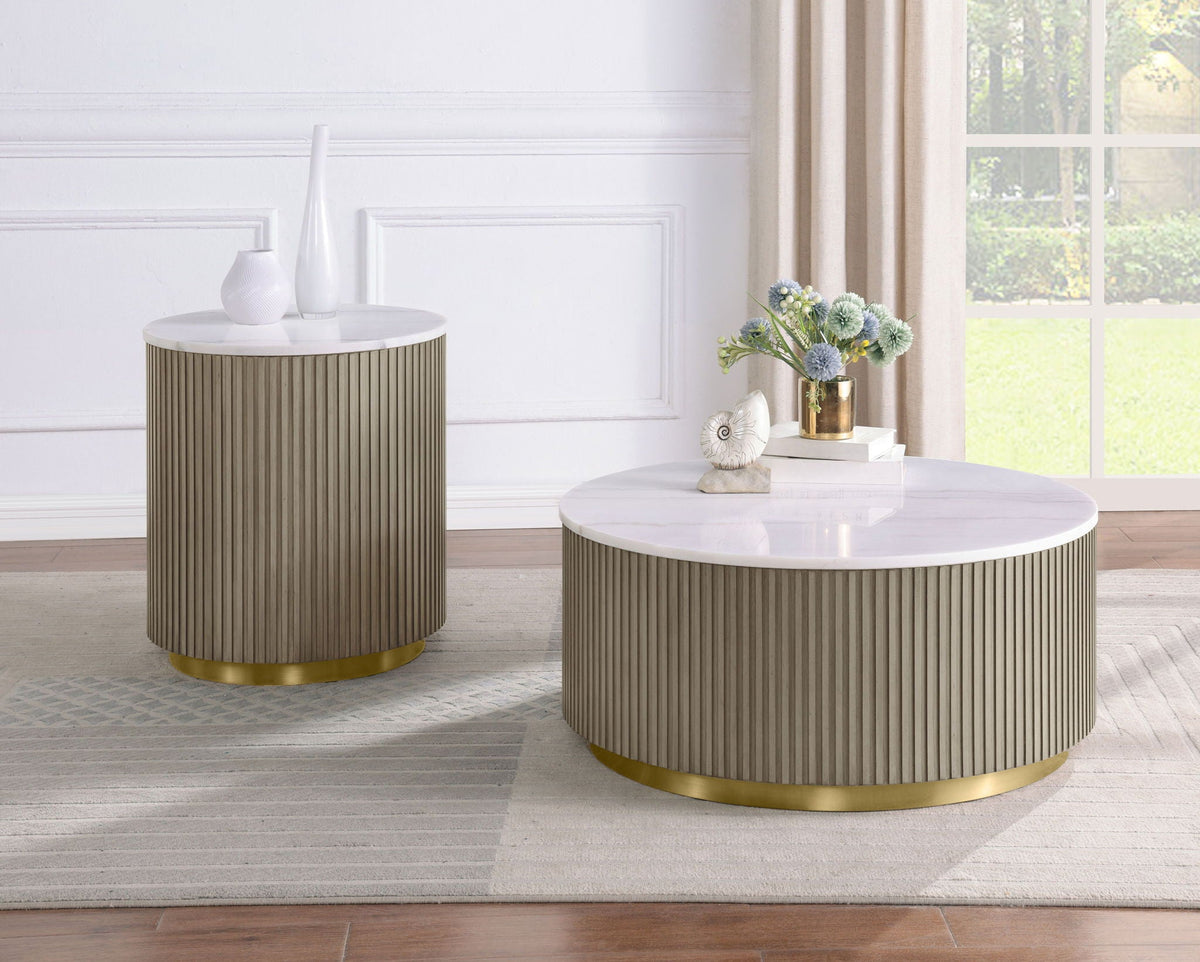 Jason Round White Marble Top Side End Table Greige