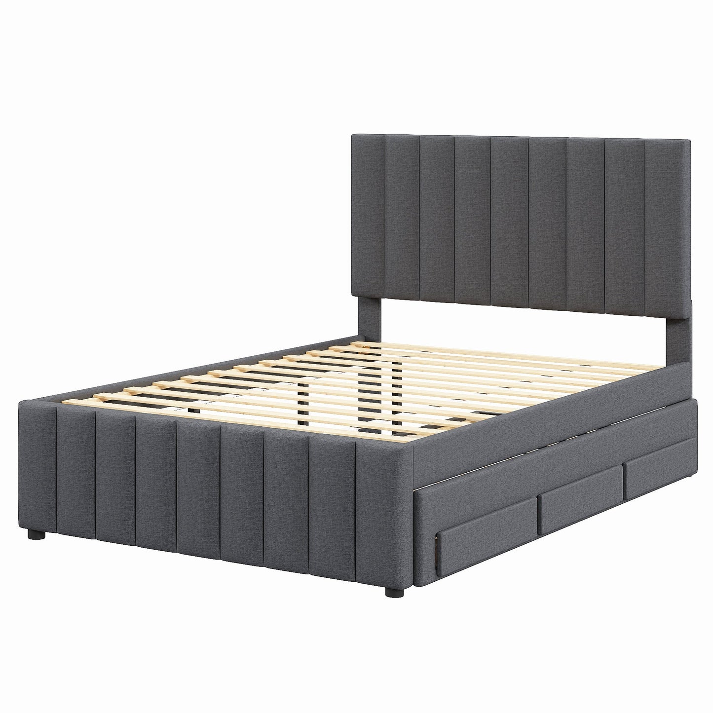 Full Size Upholstered Platform Bed with Twin Size Trundle and 3 Drawers