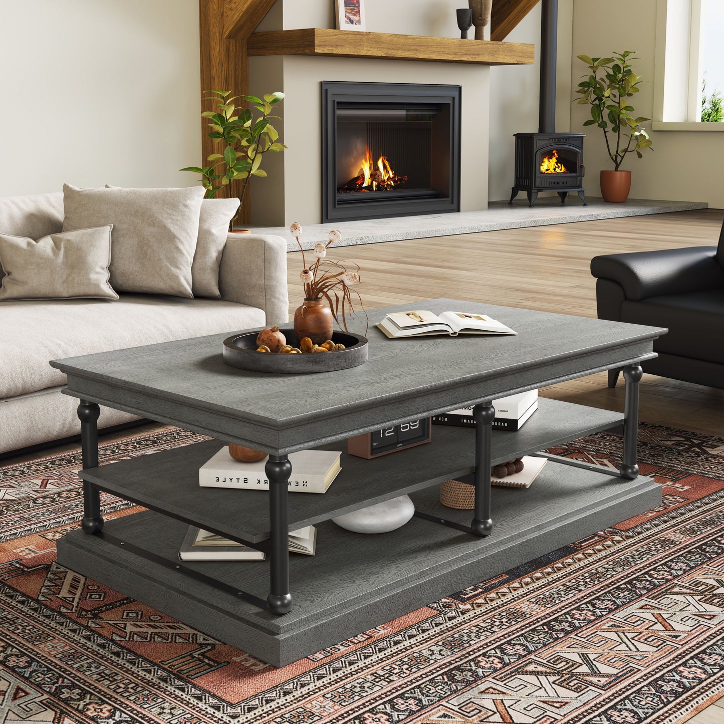 55.1" Wood Coffee Table with Storage Shelves