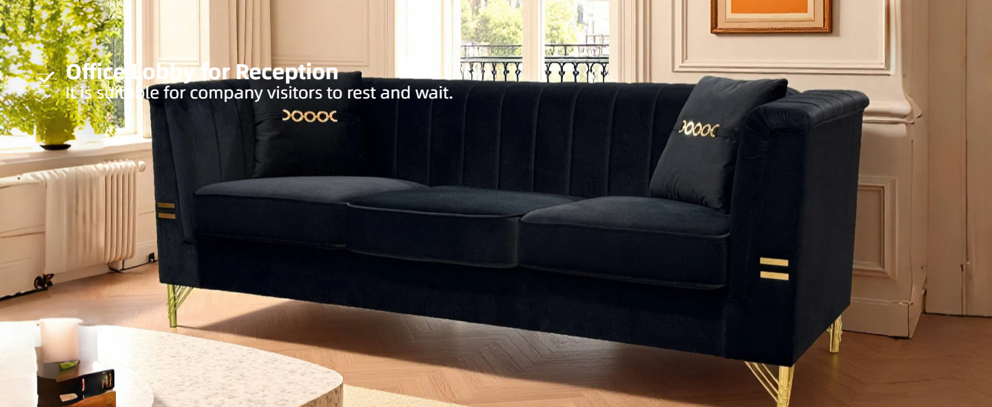 FX-P82-BK2 Modern Velvet 3-Seater Sofa with 2 Pillows