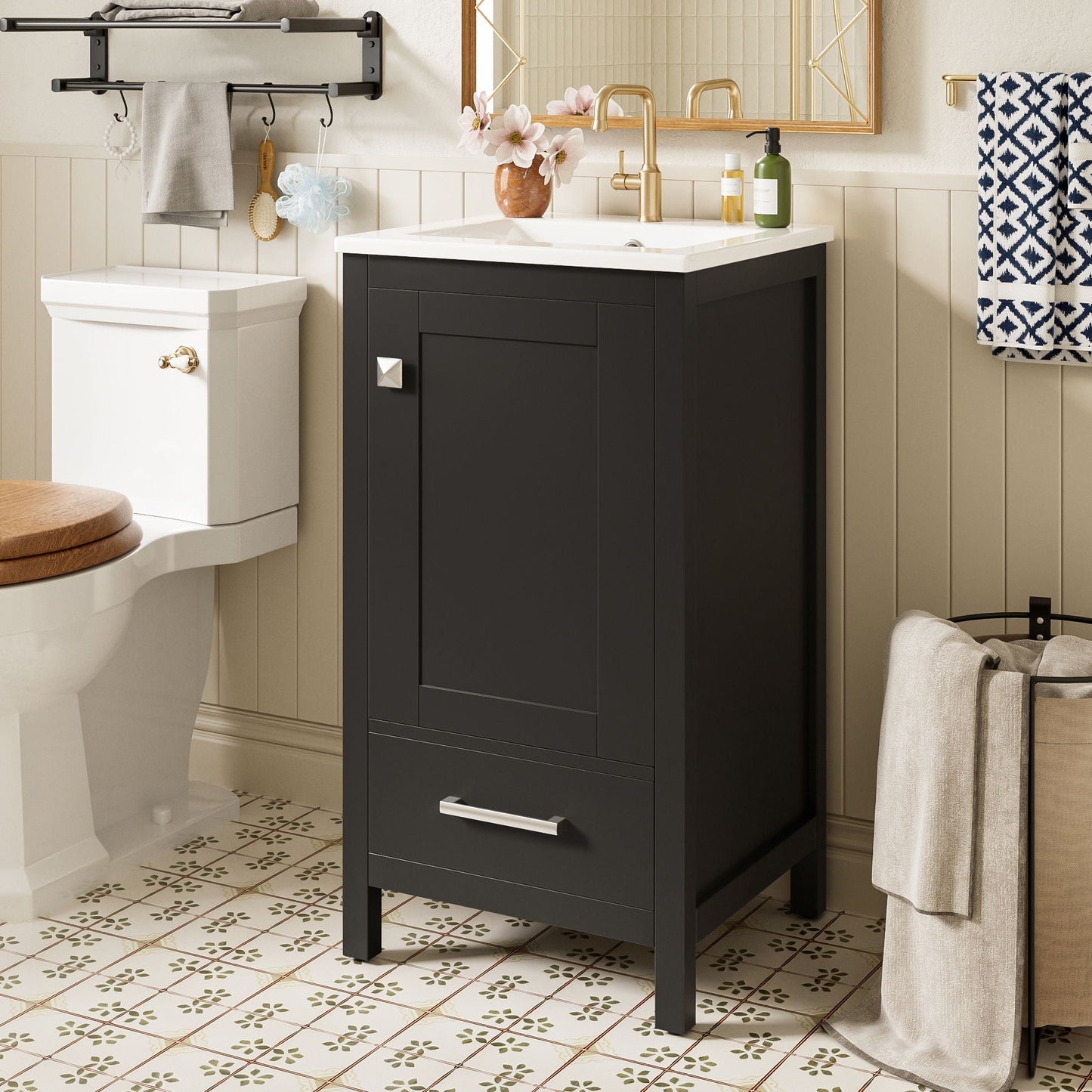 Bathroom Vanity With Ceramic Sink, Soft Close Drawers, Door Organizer, Divider Drawer, Adjustable Foot Pads