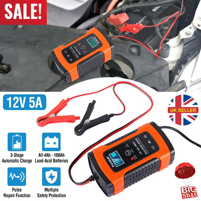 Car Battery Charger 12V 5A LCD Intelligent Auto Motorcycle Boat ATV Recover Pulse Repair