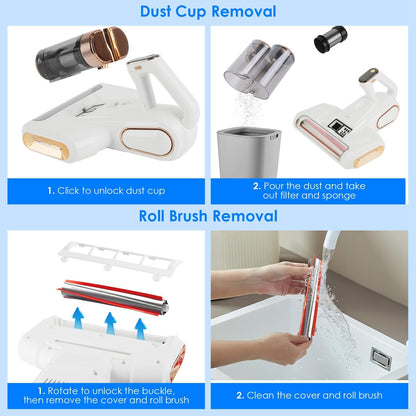 16KPa Mattress Vacuum – Handheld UVC Cleaner with Dual Dust Bins & Washable Filter