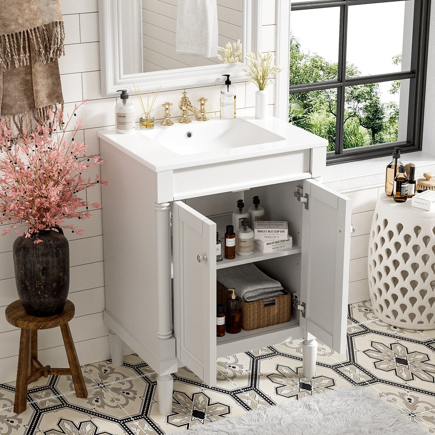 Bathroom Vanity With Top Sink, 2 Tier Storage Cabinet