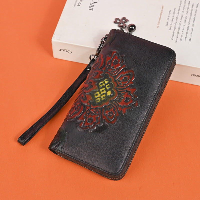 Genuine Leather Long Wallet Fashionable Zipper Clutch Bag Printed Hand-Painted Handbag
