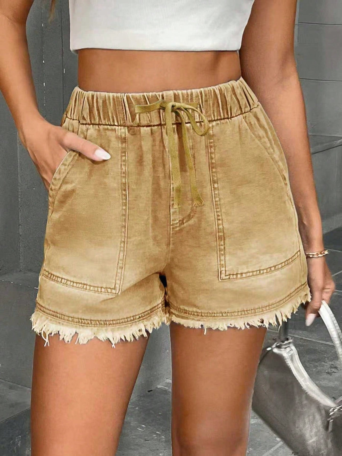 Womens Denim Shorts With Elastic Waist And Drawstring