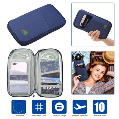 Travel Passport Wallet 12Cells Ticket ID Credit Card Holder Water Repellent Documents Phone Organizer Zipper Case Business Trip Daily Use