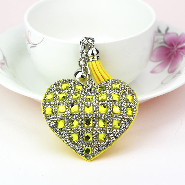 LuxeCharm Sparkling Gold Rhinestone Heart Keychain | Champagne Crystal Studded Heart Bag Charm with Tassel and Bell – European Style Personalized Gift