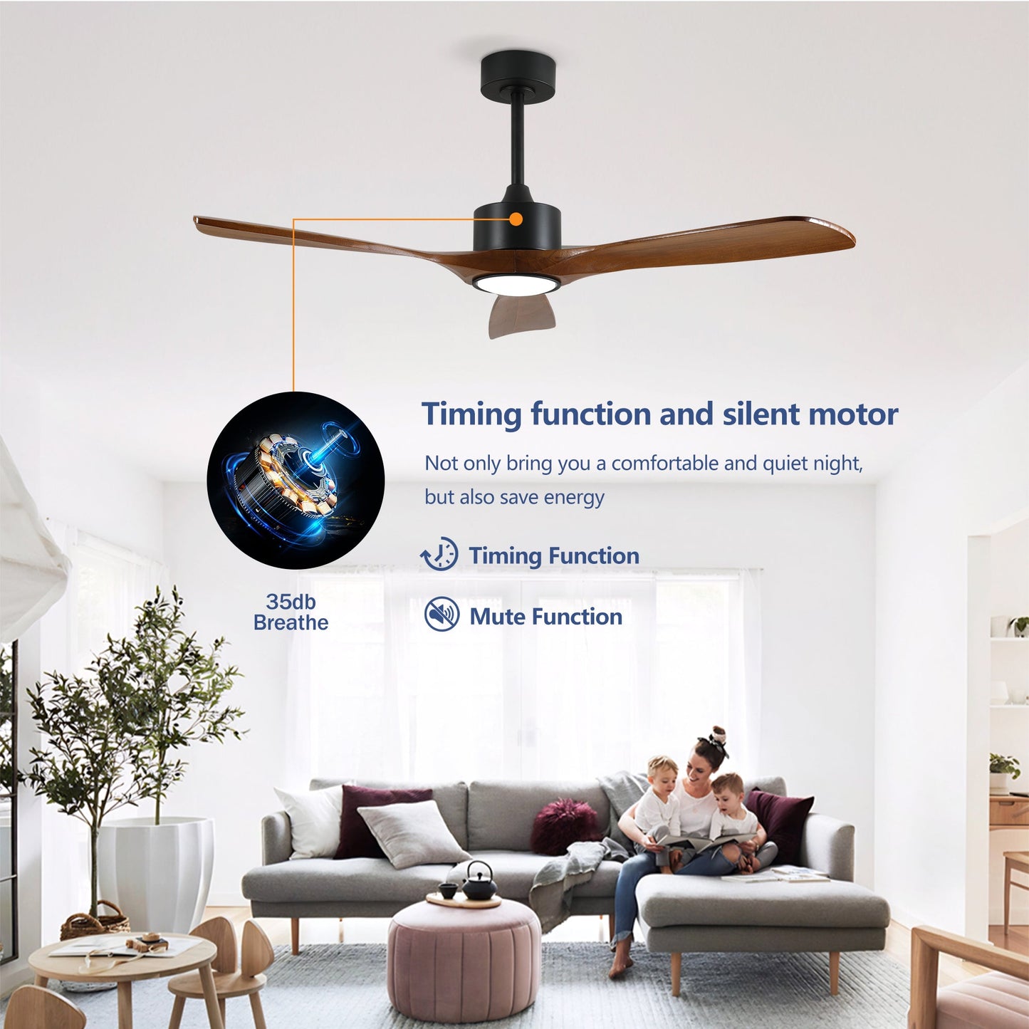 52 Inch Solid Wood Ceiling Fan with Light Kit and Remote Control
