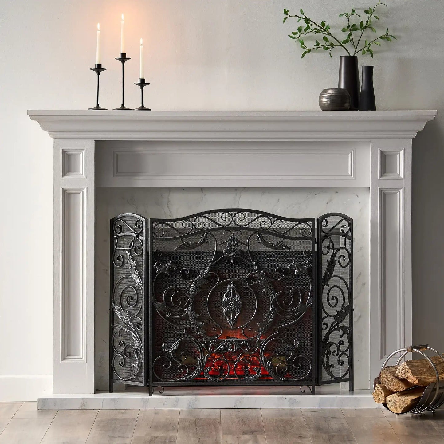 Mariella Traditional Floral Iron Fireplace Screen with Ornate Design