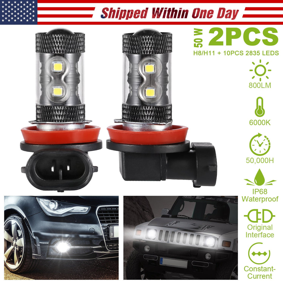 2PCS 800LM 50W H8/H9/H11 LED Fog DRL Light Bulb IP68 Waterproof 10 2835 LEDs 360¡ Beam Angle 6000K White